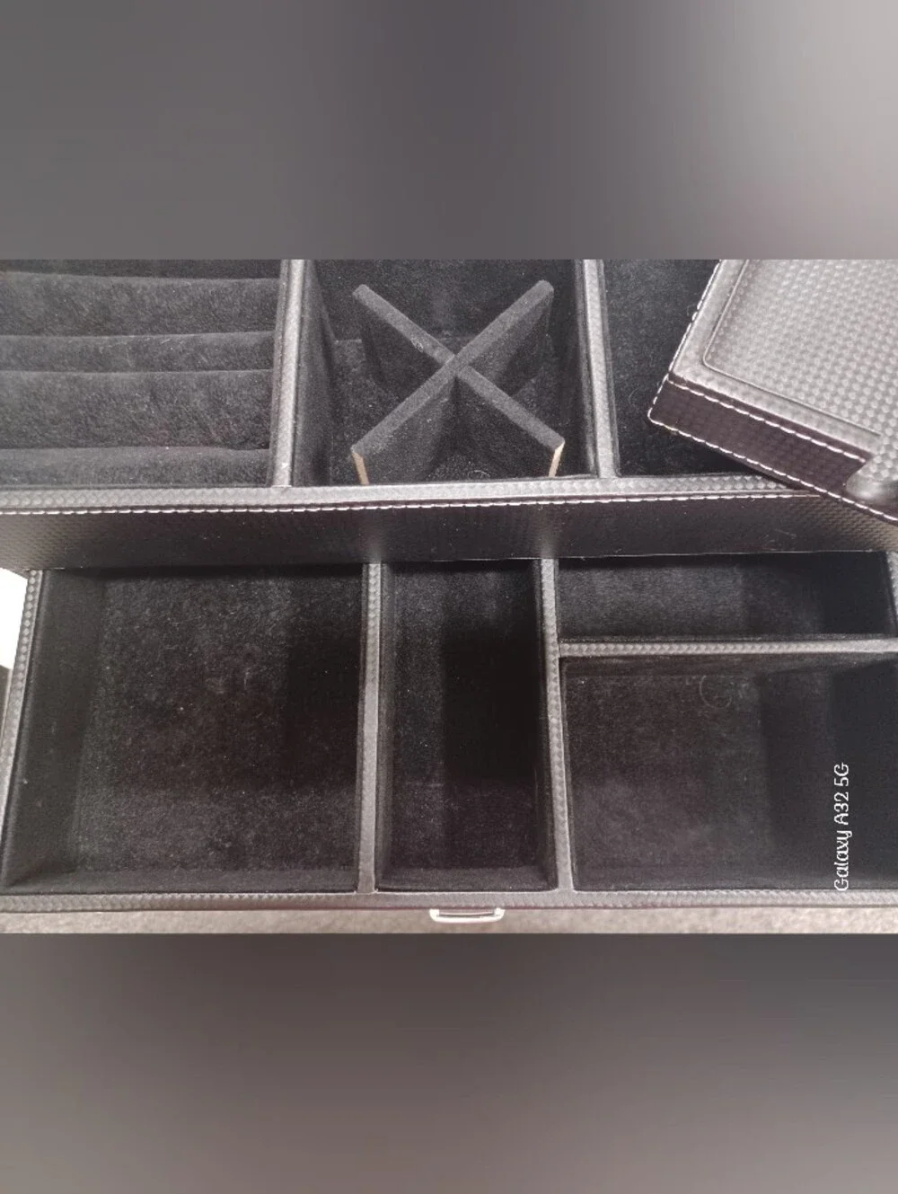 Black Leather Dresser Valet & Watch Box- Carbon Fiber Design